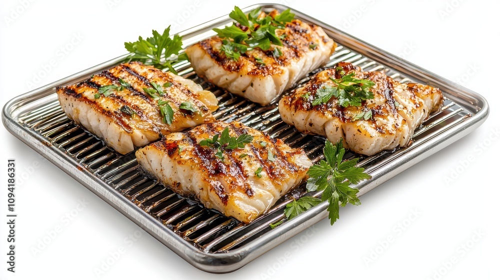 Grilled Fish Fillets on a Stainless Steel Tray Garnished with Fresh Herbs, Capturing the Essence of Culinary Arts and Healthy Eating Habits Grilled Fish Fillets on a Stainless Steel Tray Garnished with Fresh Herbs, Capturing the Essence of Culinary Arts and Healthy Eating Habits