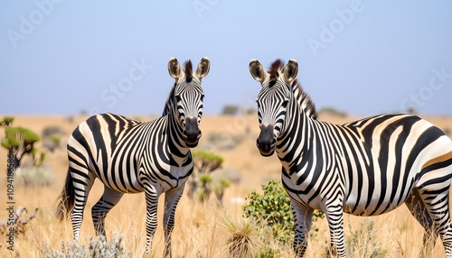 Two zebras stand in a dry, grassy field, looking directly at the camera. photo