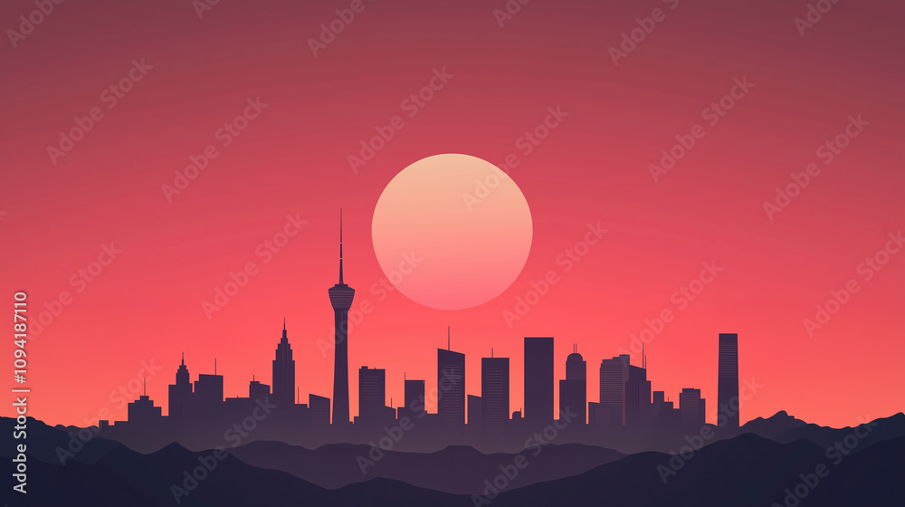 Fototapeta premium Urban Skyline Minimalist Illustration at Sunset