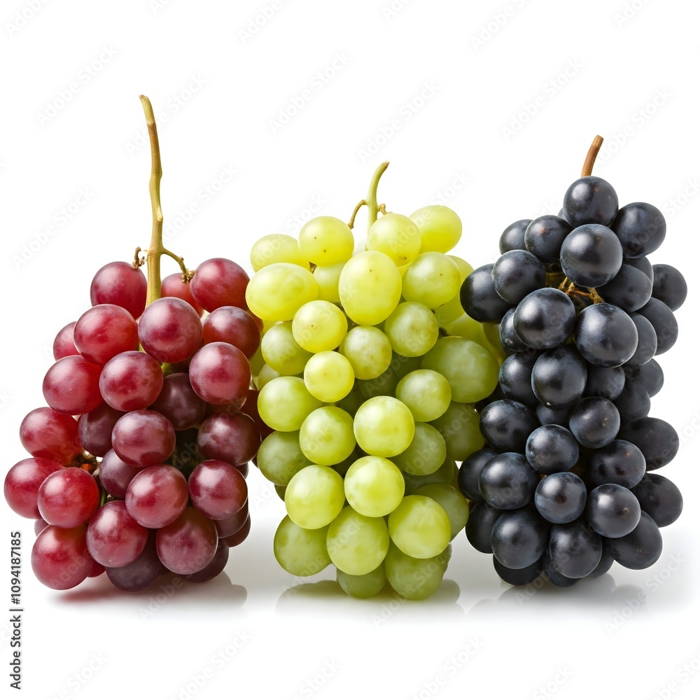grapes isolated on white background, Studio Shot of Red, Black, and Green Grape Bunches in Sharp Focus grapes isolated on white background, Studio Shot of Red, Black, and Green Grape Bunches in Sharp Focus