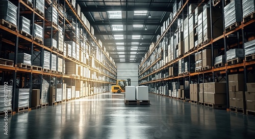 A wide-angle view of an industrial warehouse with high shelves filled with boxes and pallets