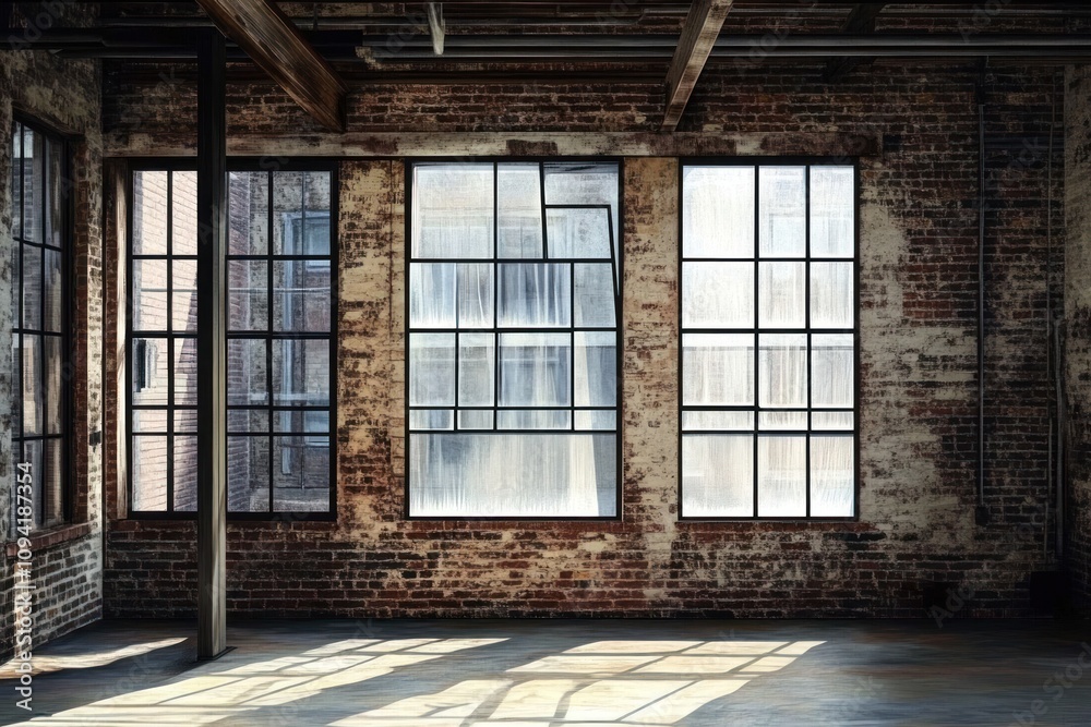 A spacious industrial room with large windows and exposed brick walls.