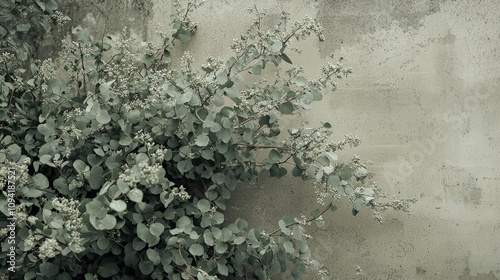 visually appealing arrangement of delicate eucalyptus leaves and flowers against textured wall, creating serene and calming atmosphere