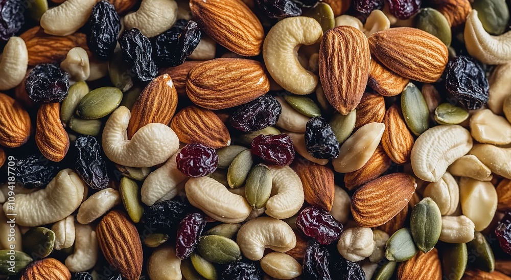 Close-up of a mix of nuts and dried fruits, including almonds Close-up of a mix of nuts and dried fruits, including almonds
