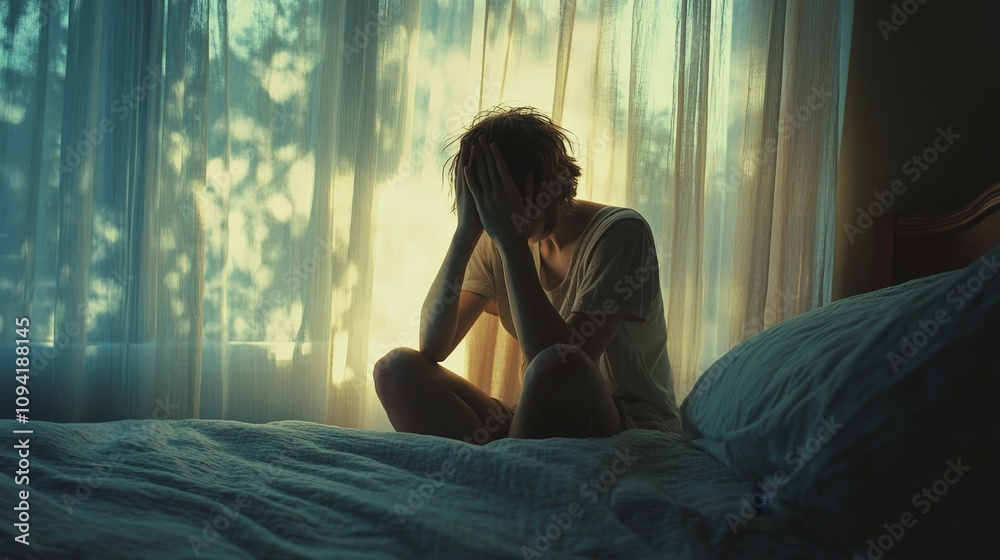 A person sitting on the edge of their bed in the early morning, their hands covering their face in exhaustion, with soft morning light filtering through the curtains. A person sitting on the edge of their bed in the early morning, their hands covering their face in exhaustion, with soft morning light filtering through the curtains.