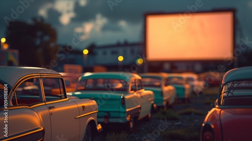 A nostalgic drive-in movie night with classic cars parked in rows facing a massive outdoor screen