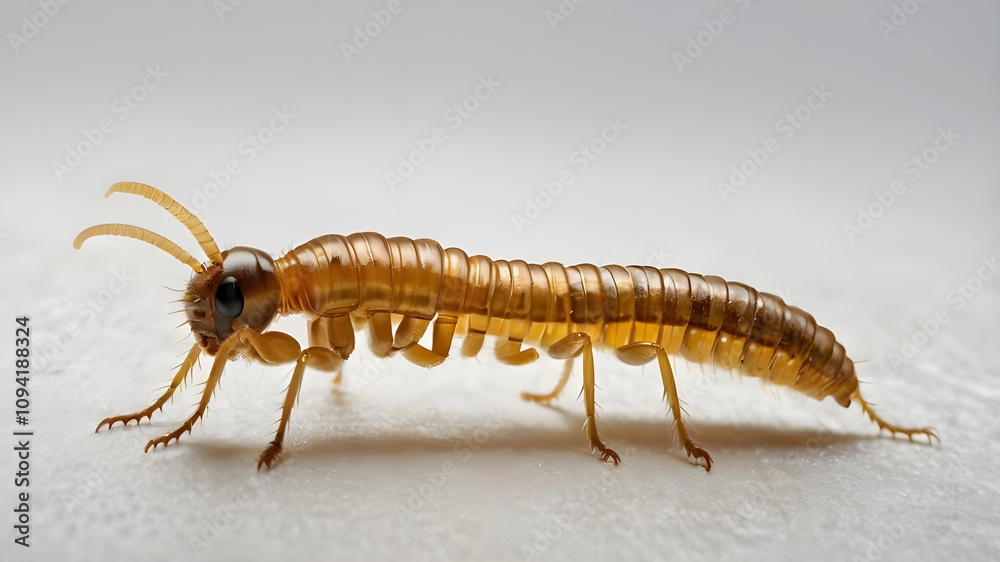 A Yellow Mealworm (Tenebrio molitor) set against a clean white backdrop Ai A Yellow Mealworm (Tenebrio molitor) set against a clean white backdrop Ai