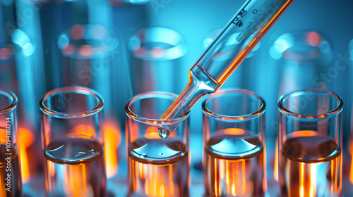 Science test tubes and pipette in laboratory.