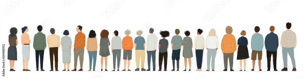 Obraz premium Diverse People Standing Together in Line with Varied Clothing Styles and Skin Tones