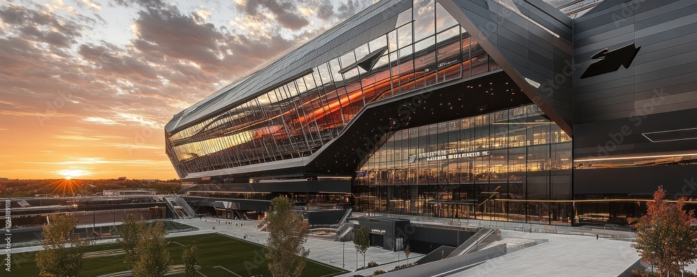 Obraz premium Modern architectural structure with large glass windows reflecting a sunset.