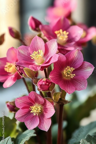 Magenta and Red Hellebores with Yellow Stamens in Blurred Background