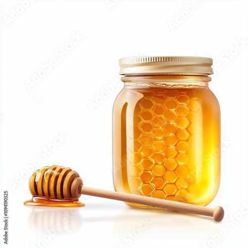 A jar of golden honey with a honeycomb structure inside, accompanied by a wooden dipper, creating a sweet and natural presentation.