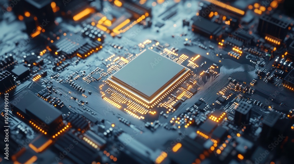 Close-up of a computer chip on a circuit board with glowing elements. Close-up of a computer chip on a circuit board with glowing elements.