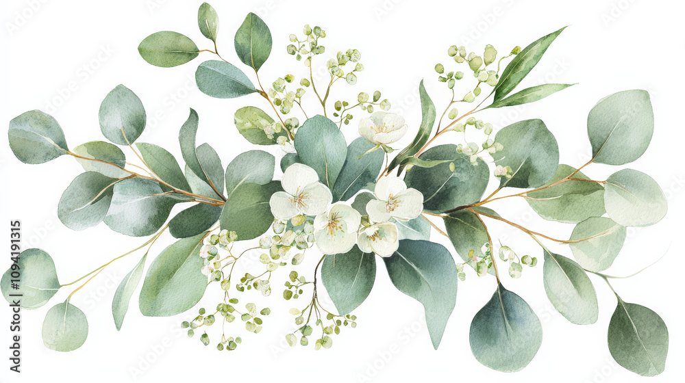 Obraz premium beautiful arrangement of soft green eucalyptus leaves and delicate white flowers, creating serene and calming atmosphere. Perfect for nature inspired decor