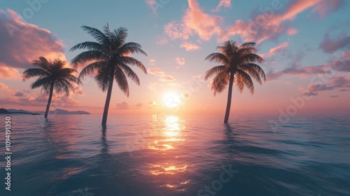 tropical island with palm trees and a breathtaking sunset, calm ocean waves, tranquil paradise feel