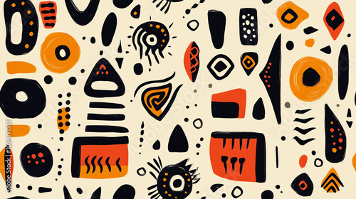 Modern geometric seamless pattern in orange and black, abstract tribal style