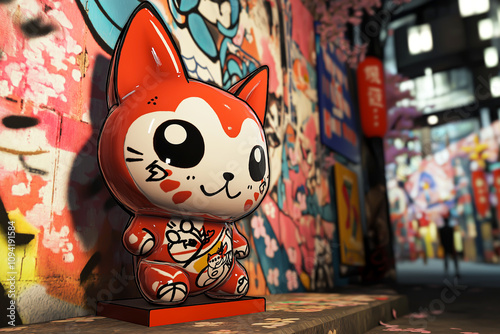 Colorful cartoon cat statue surrounded by vibrant street art.