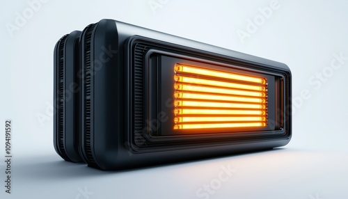 A modern electric heater with glowing orange heating elements, designed for efficient warming in a sleek, compact form.