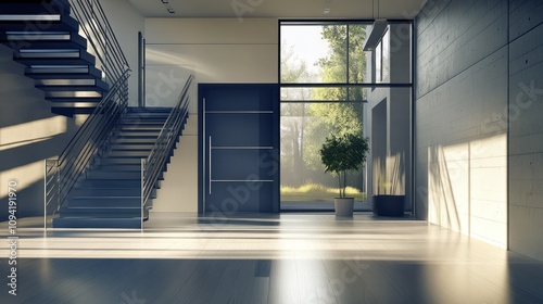 Modern interior space with a staircase  large windows  and a potted plant.