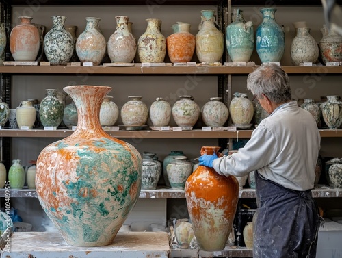 A potter glazing a large vase, preparing it for the kiln, with various ceramic creations lined up on the shelves behind them. photo