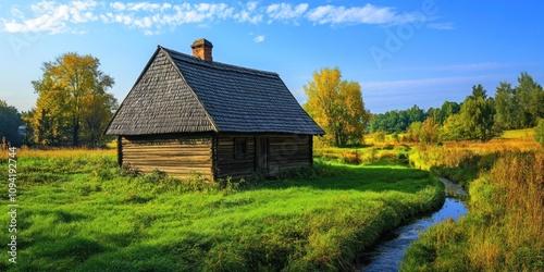 A rustic wooden house surrounded by lush greenery and a gentle stream under a blue sky.