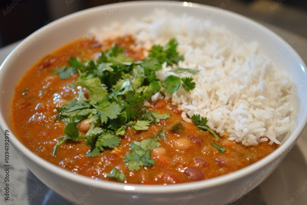 A bowl of fragrant rajma, kidney bean curry, garnished with fresh coriander and ginger, served with steamed basmati rice A bowl of fragrant rajma, kidney bean curry, garnished with fresh coriander and ginger, served with steamed basmati rice