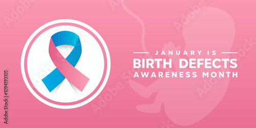 January Is Birth Defects Awareness month. Ribbon and baby. Great for cards, banners, posters, social media and more. Pink background. 