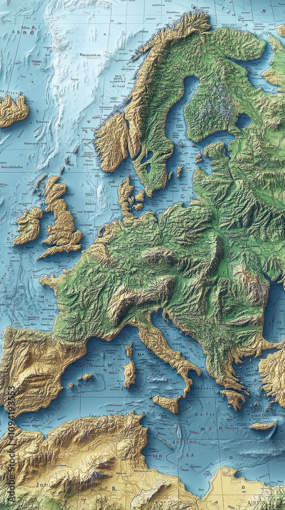 Fototapeta premium Detailed Topographical Map of the European Continent