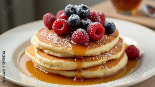 Wallpaper Mural Fluffy pancakes stacked high, golden brown with a light, airy texture. Topped with fresh berries, maple syrup, and powdered sugar, served with whipped cream. Torontodigital.ca