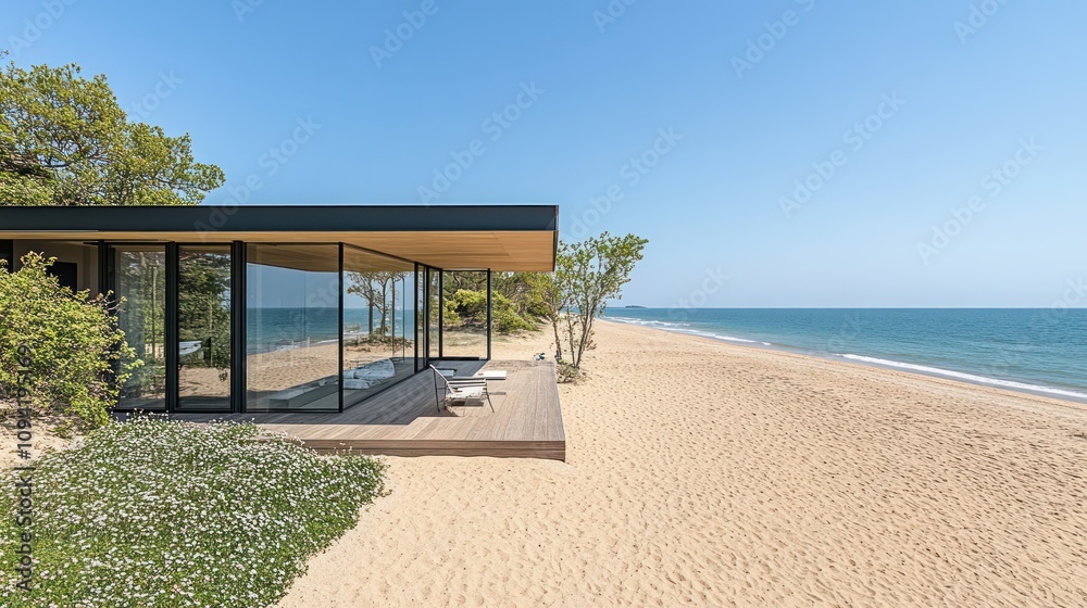 A modern beach house with large glass windows overlooking a sandy shore and calm sea. A modern beach house with large glass windows overlooking a sandy shore and calm sea.