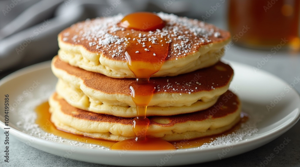 Fluffy pancakes stacked high, golden brown with a light, airy texture. Topped with fresh berries, maple syrup, and powdered sugar, served with whipped cream. Fluffy pancakes stacked high, golden brown with a light, airy texture. Topped with fresh berries, maple syrup, and powdered sugar, served with whipped cream.