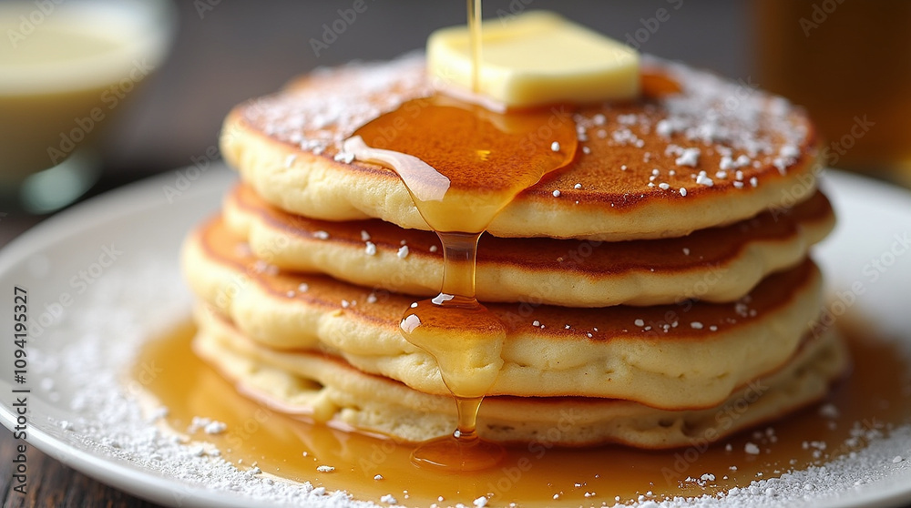 Fluffy pancakes stacked high, golden brown with a light, airy texture. Topped with fresh berries, maple syrup, and powdered sugar, served with whipped cream.