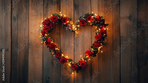 Heart-Shaped Wreath of Red Roses and Twinkling Lights Against a Rustic Wooden Background for Romantic Occasions and Celebrations