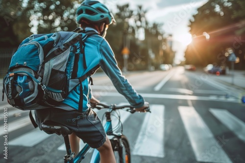 Schoolboy with backpack rides a bike on a crosswalk on his way to school on a sunny morning