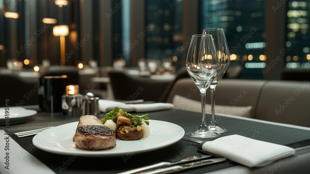 Fototapeta premium Gourmet Dishes in Elegant Restaurant Setting with Ambience