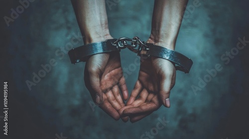 A pair of handcuffed wrists against a plain wall, Reflecting the issues of crime and justice, minimalistic composition