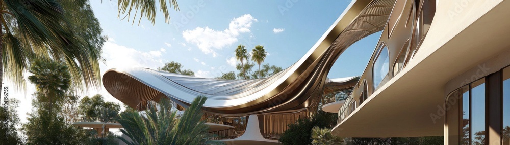Fototapeta premium A modern architectural design featuring flowing lines and organic shapes amidst greenery.
