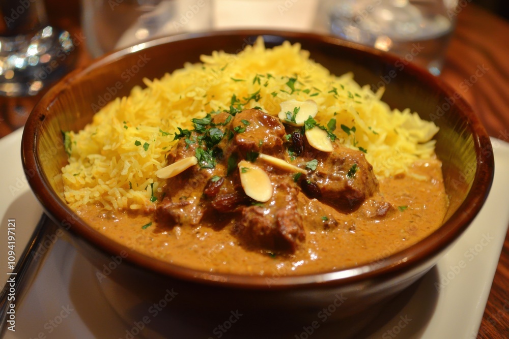 A serving of creamy korma curry with pieces of lamb, garnished with almonds and raisins, accompanied by saffron rice A serving of creamy korma curry with pieces of lamb, garnished with almonds and raisins, accompanied by saffron rice