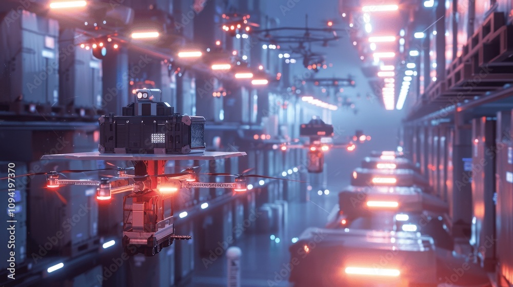 Fototapeta premium Futuristic Drone Warehouse with Neon Lights