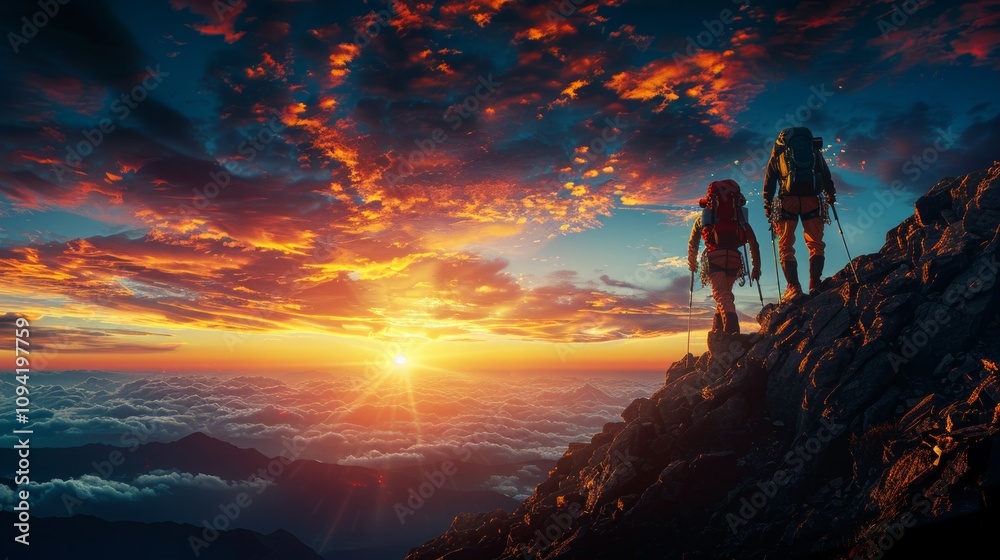 Two hikers stand on a mountain peak, silhouetted against a vibrant orange sunset, overlooking a sea of clouds. AI generative. . Two hikers stand on a mountain peak, silhouetted against a vibrant orange sunset, overlooking a sea of clouds. AI generative. .