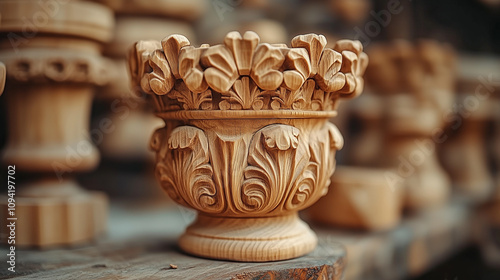 Intricate Wooden Vase: A close-up showcasing the exquisite detail of a hand-carved wooden vase, its ornate design highlighting the artistry and craftsmanship. photo