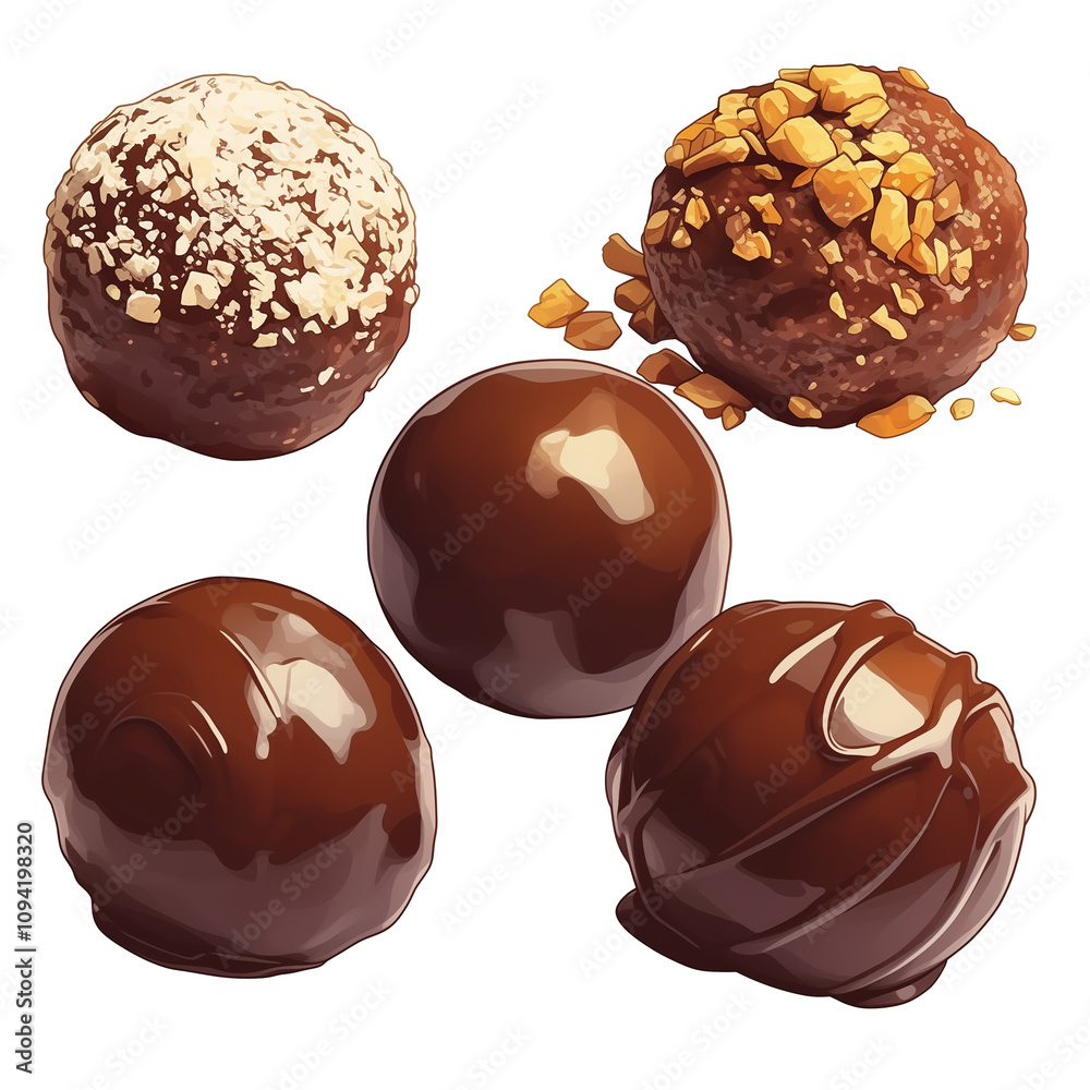 Obraz premium Assorted chocolate rum balls with nuts and smooth coatings on white background. These delicious treats are perfect for dessert or gifting, showcasing variety of textures and flavors