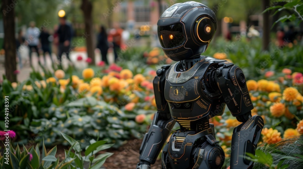 Futuristic robot with glowing lights standing in a garden with yellow and pink flowers. AI generative. . Futuristic robot with glowing lights standing in a garden with yellow and pink flowers. AI generative. .