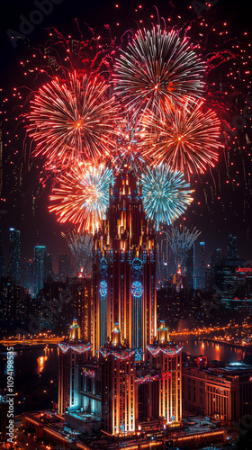 Grand Celebration With Stunning Fireworks Over an Iconic City Landmark