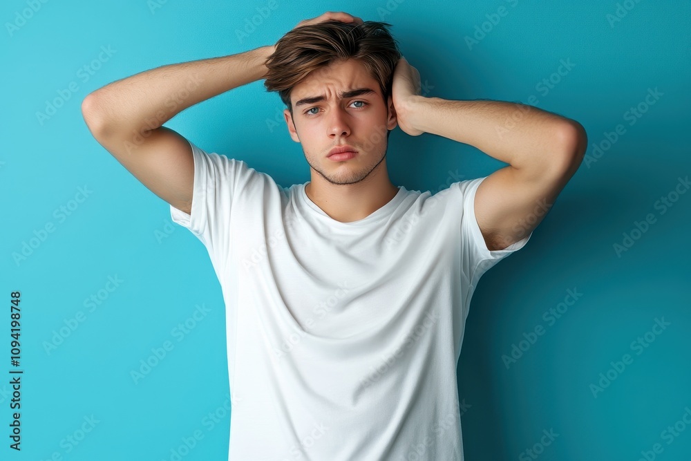 Worried young man in white t-shirt. Perfect for depicting stress, anxiety, or uncertainty themes. Worried young man in white t-shirt. Perfect for depicting stress, anxiety, or uncertainty themes.
