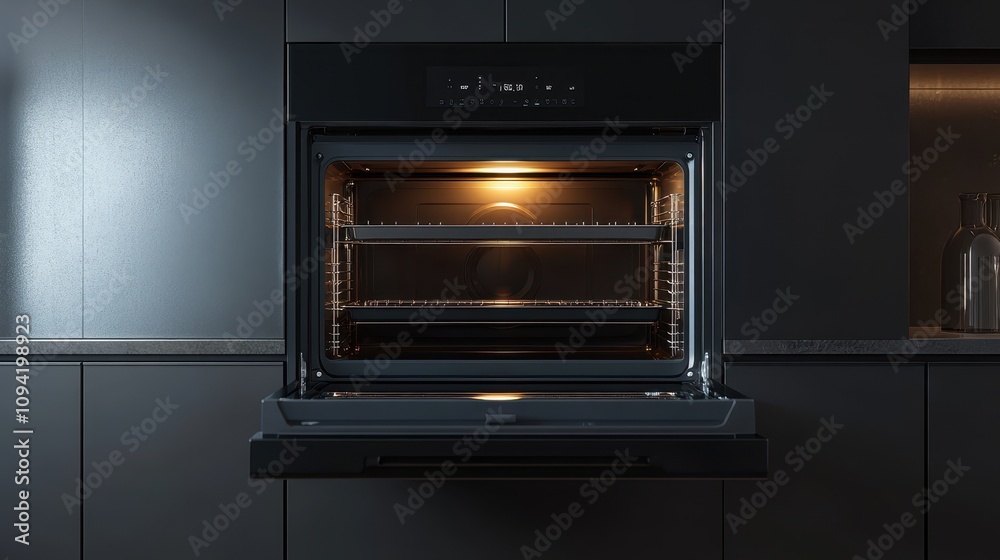Modern built-in oven, door open. Shows interior lighting and empty racks, ideal for kitchen appliance websites or cooking blogs.