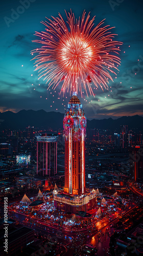 Grand Celebration With Stunning Fireworks Over an Iconic City Landmark