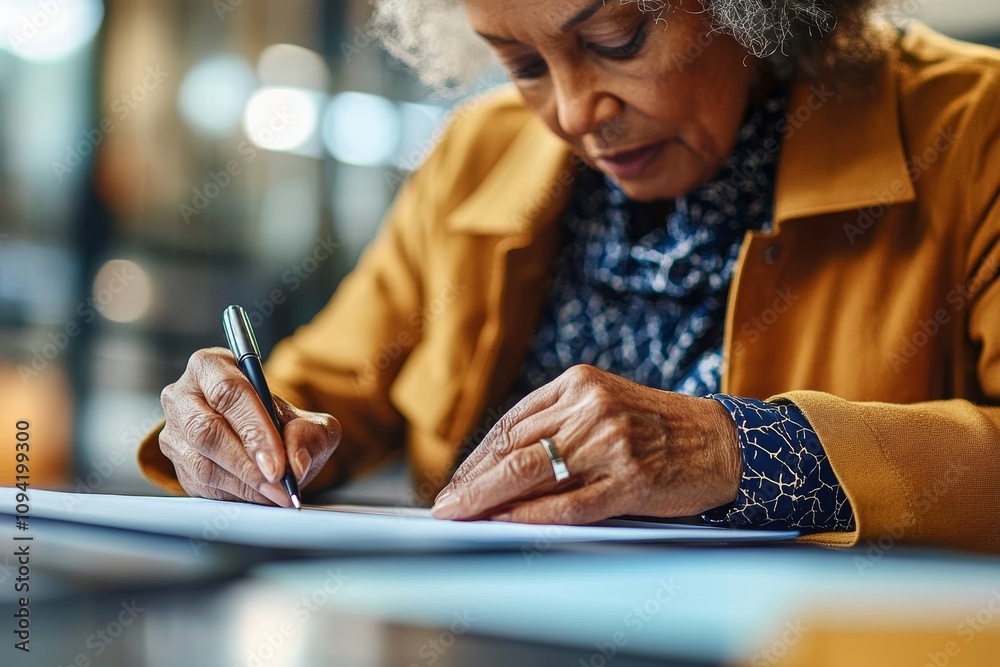 Elderly Woman Writing at Desk in Modern Office Setting Elderly Woman Writing at Desk in Modern Office Setting