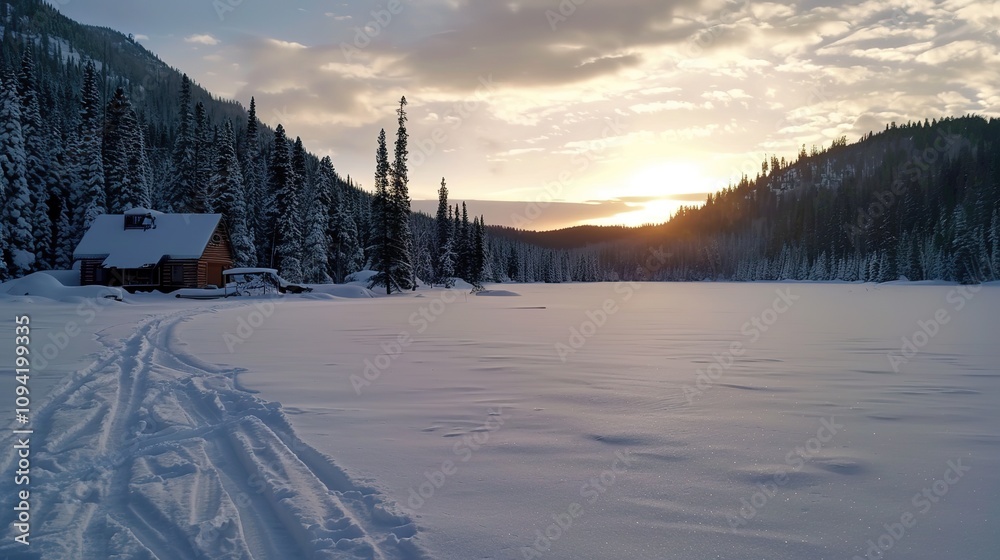 Winter_snow_landscape_at_sunset_with_solitude_cabin Winter_snow_landscape_at_sunset_with_solitude_cabin