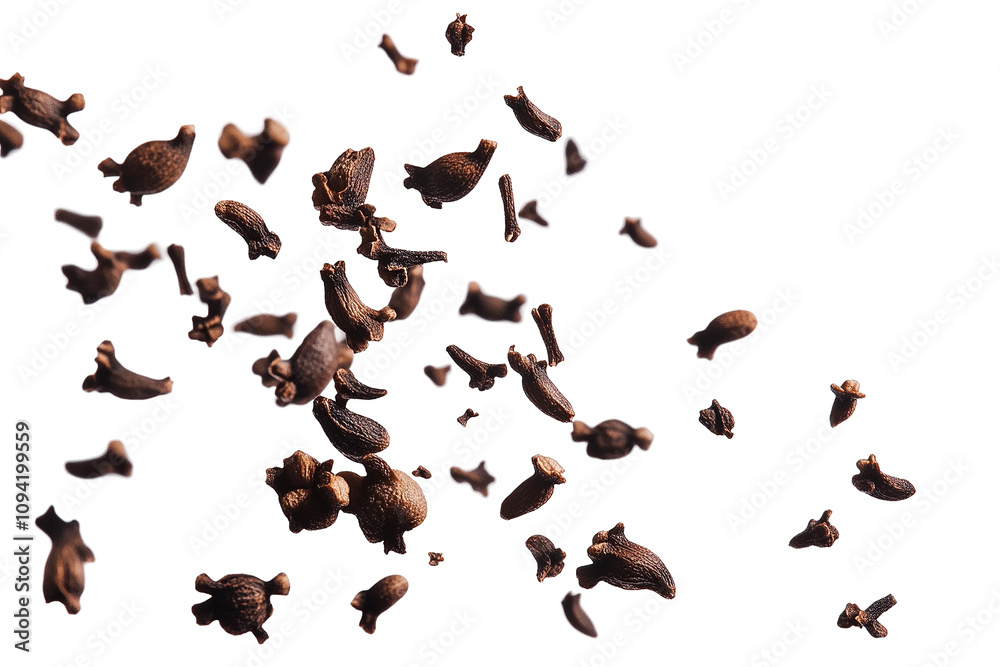 Stunning representation of cloves soaring through the air, captured in an artistic style with a clean white backdrop for enhanced focus